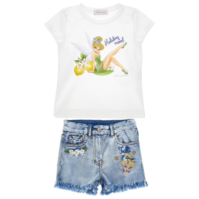 Picture of PRE ORDER Monnalisa Girls Tinkerbell Top & Denim Shorts Set X 2 - White Yellow