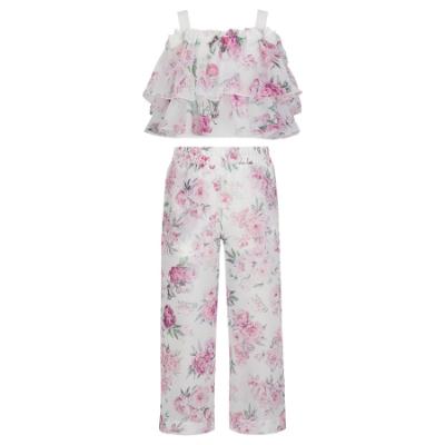 Picture of Daga Girls Blush Harmony Off Shoulder Peony Blouse & Wide Leg Bottoms Set X 2 - White Pink