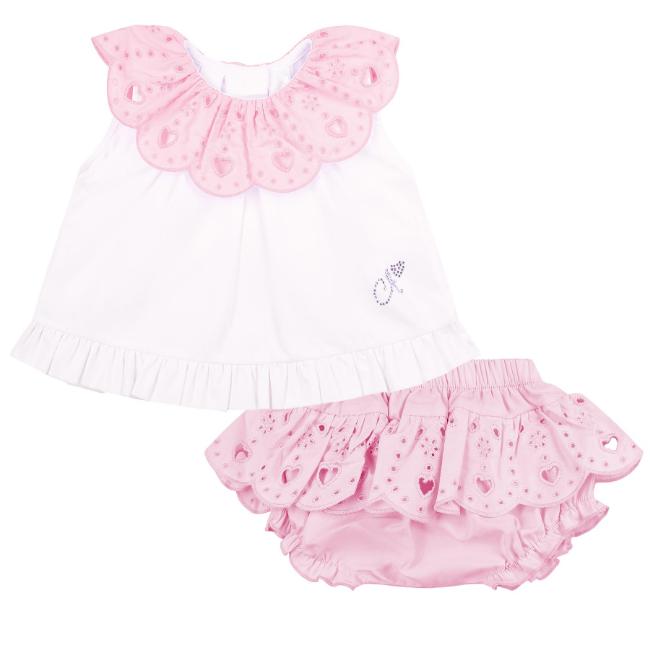 Picture of Little A Baby Girls Perfectly Pink Orla Jam Pant Set With Broderie Anglaise Collar - Bright White