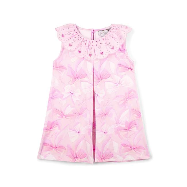 Picture of A Dee Bowtique Chic Ruth Bow Print Dress With Broderie Anglaise Collar - Pink Blossom