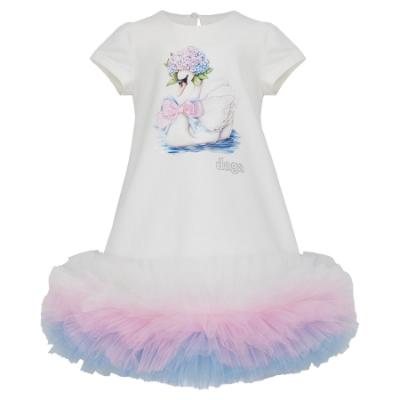 Picture of Daga Girls Pastel Bloom Swan Tulle Hem Dress - White Pink Blue