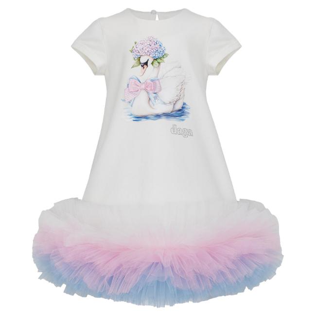 Picture of Daga Girls Pastel Bloom Swan Tulle Hem Dress - White Pink Blue