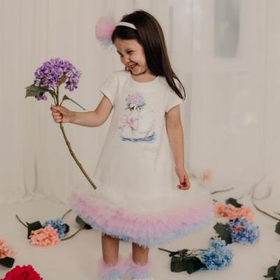 Picture of Daga Girls Pastel Bloom Swan Tulle Hem Dress - White Pink Blue