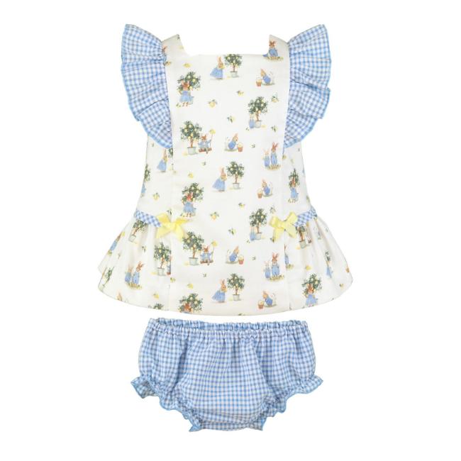 Picture of PRE ORDER Miranda Baby Girls Bunny & Gingham Dress & Panties Set - White Blue