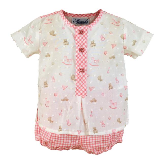 Picture of Miranda Baby Boys Rocking Horse Blouse & Gingham Shorts Set - White Pink