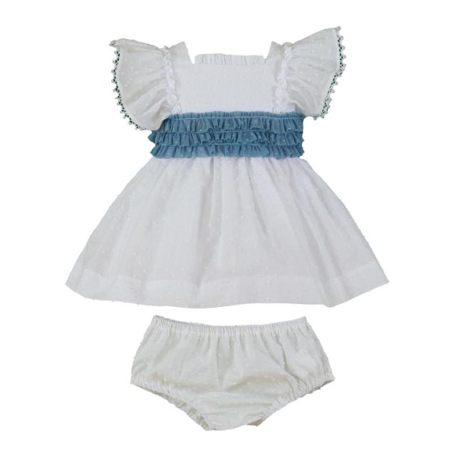 Picture of PRE ORDER Miranda Baby Girls Plumetti Ruffle Dress & Panties Set X 2 - White Blue