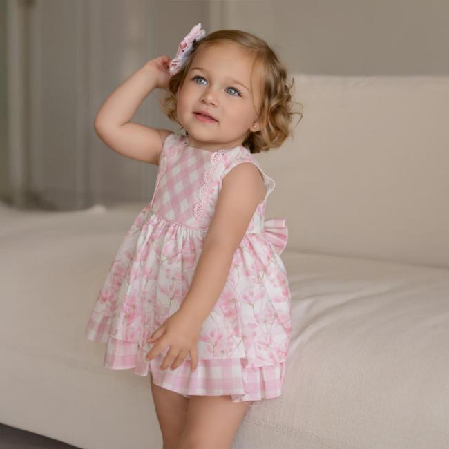 Picture of PRE ORDER Miranda Baby Girls Check & Floral Ruffle Dress & Panties Set X 2 - White Pink