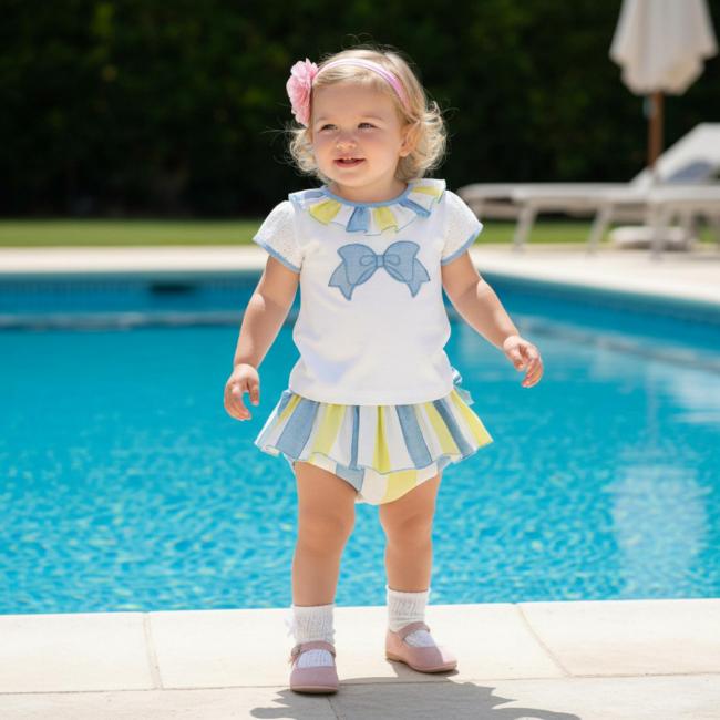 Picture of Miranda Baby Girls Stripe Ruffle Jam Pant Set X 2 - White Lemon Blue