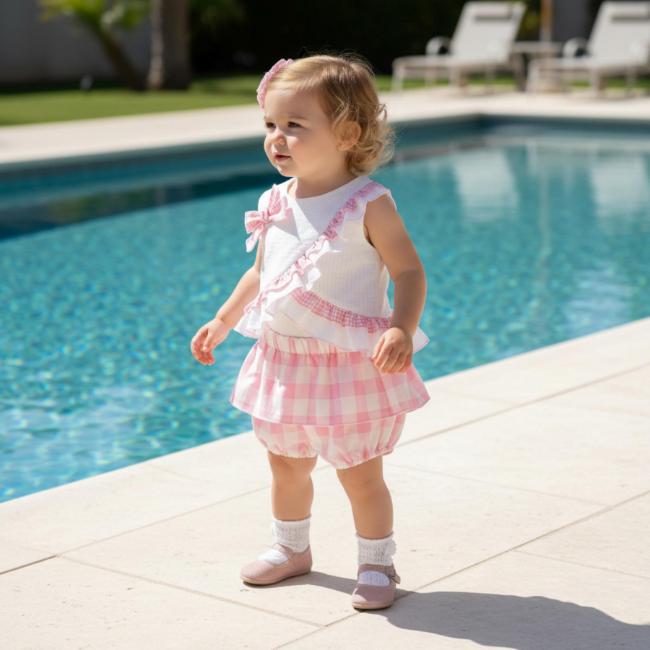 Picture of Miranda Baby Girls Check Skirted Jam Pant Set X 2 - White Pink