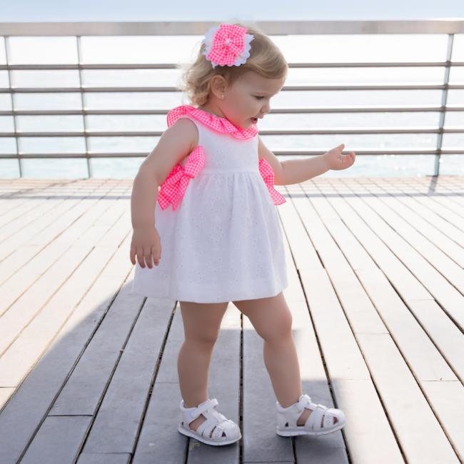 Picture of Miranda Baby Girls Fluor Gingham Ruffle Dress - White Neon Pink