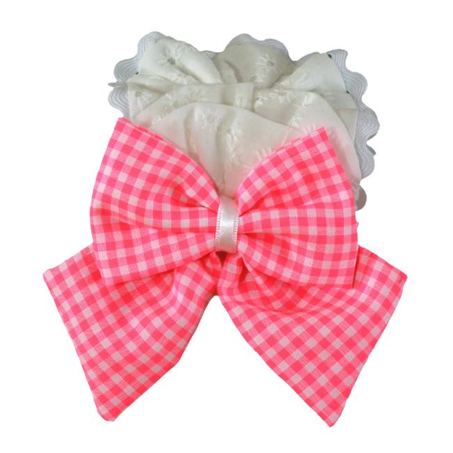 Picture of PRE ORDER Miranda Girls Fluor Gingham Rosette Headband - White Neon Pink