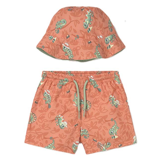 Picture of Mayoral Toddler Boys Summer Hat & Chameleon Print Swim Shorts Set X 2 - Orange Green