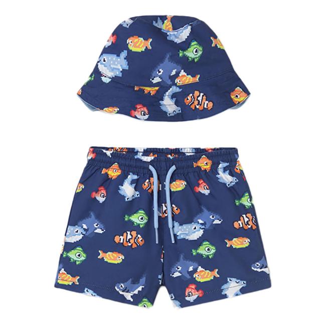 Picture of Mayoral Toddler Boys Summer Hat & Fish Print Swim Shorts Set X 2 - Blue Multi