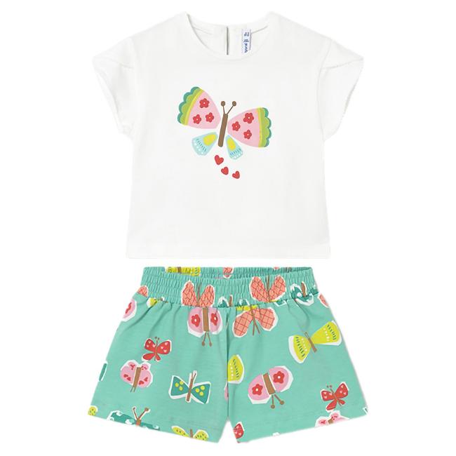 Picture of Mayoral Toddler Girls Summer Top & Butterfly Print Shorts Set X 2 - White Turquoise