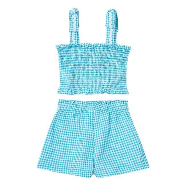 Picture of Mayoral Girls Summer Elastic Smock Gingham Top & Shorts Set X 2 - Blue
