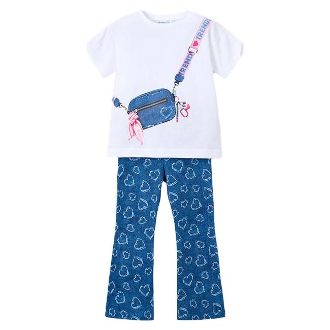 Picture of Mayoral Girls Summer Handbag Top & Flared Heart Legging Set X 2 - White Blue
