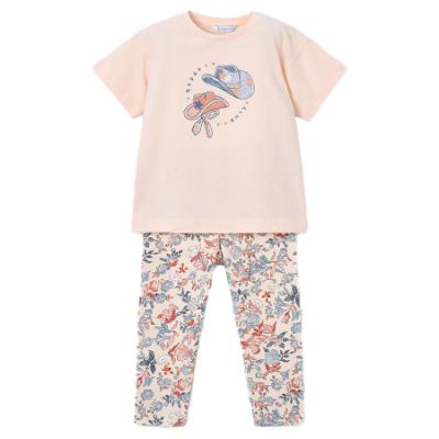 Picture of Mayoral Girls Summer Cowboy Hat Top & Floral Legging Set X 2 - Beige Blue