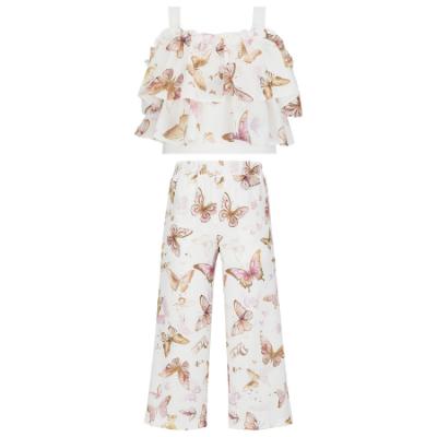 Picture of PRE ORDER Daga Girls Twinkle Flight Ruffle Top & Wide Trousers Set X 2 - White Beige