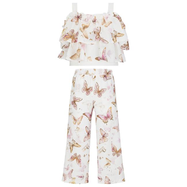 Picture of PRE ORDER Daga Girls Twinkle Flight Ruffle Top & Wide Trousers Set X 2 - White Beige