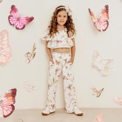 Picture of PRE ORDER Daga Girls Twinkle Flight Ruffle Top & Wide Trousers Set X 2 - White Beige