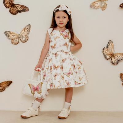 Picture of Daga Girls Twinkle Flight Print Poplin Dress  With Big Bow - White Beige