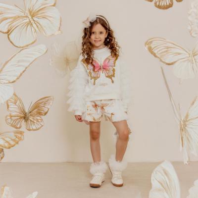 Picture of PRE ORDER Daga Girls Twinkle Flight Applique & Tulle Sweater & Tulle Ruffles Shorts Set X 2 - White Beige