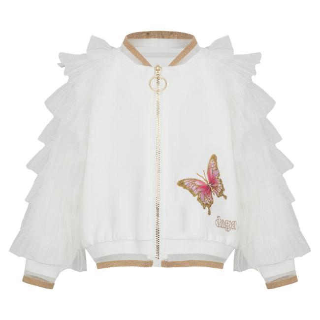 Picture of PRE ORDER Daga Girls Twinkle Flight Jacket With Tulle Ruffle Sleeves - White Beige