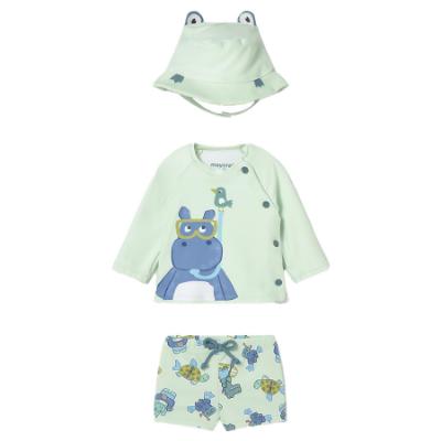 Picture of Mayoral Newborn Boys Hippo Swim Shorts Rashguard & Sunhat Set X 3 - Green Multi