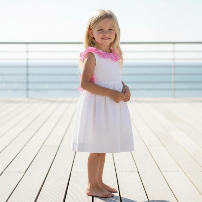 Picture of PRE ORDER Miranda Girls Fluor Gingham Ruffle Dress - White Neon Pink