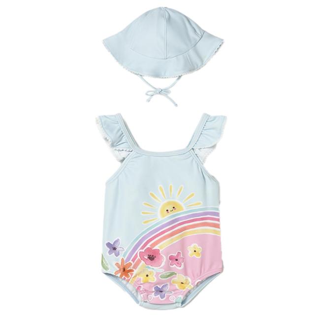 Picture of Mayoral Newborn Girls Ruffle Swim Suit & Sunhat Set X 2 - Blue Multi