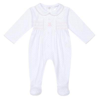 Picture of Deolinda Baby Girls Confetti Smocked Bodice Polka Babygrow In Gift Box - White Pink