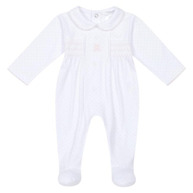 Picture of Deolinda Baby Girls Confetti Smocked Bodice Polka Babygrow In Gift Box - White Pink
