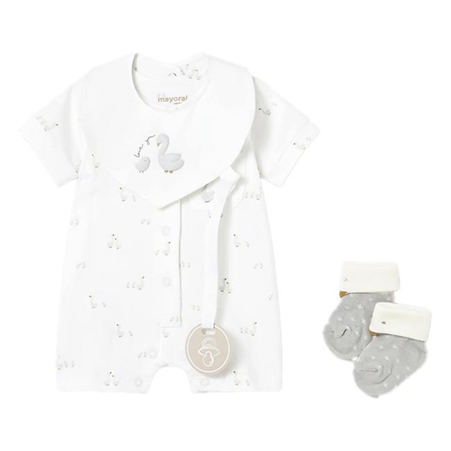 Picture of Mayoral Newborn Baby Unisex Duck Print Romper Bib Socks Gift Set  X 3 - White Beige Grey