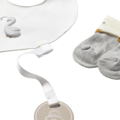 Picture of Mayoral Newborn Baby Unisex Duck Print Romper Bib Socks Gift Set  X 3 - White Beige Grey