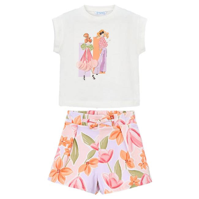 Picture of Mayoral Girls Summer Applique Top & Poplin Shorts Set X 2 - Blossom Pink