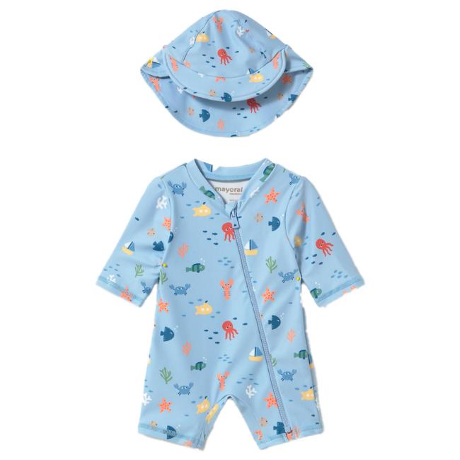 Picture of Mayoral Newborn Boys Sealife Swim Suit & Sunhat Set X 2 - Blue Multi