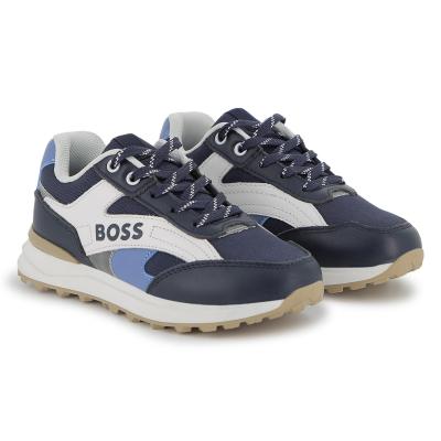 Picture of BOSS Boys Mini Me Lace Up Logo Trainers - Navy