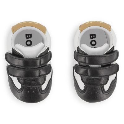 Picture of BOSS Baby Boys Soft Leather Logo Trainers In Gift Box - Black White