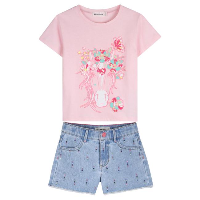 Picture of Billie Blush Girls Pony Top & Diamante Denim Shorts Set x 2 -  Pink Blue Multi