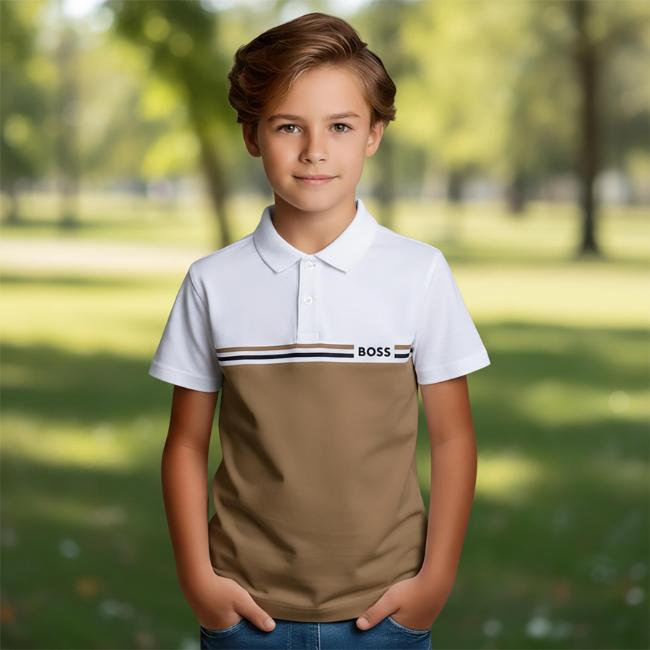 Picture of BOSS Boys Mini Me Short Sleeve Two Tone Polo Top - Cookie