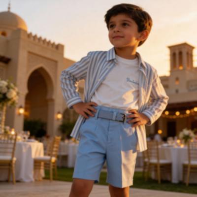 Picture of Bimbalo Boys Shirt T-Shirt Bermudas & Belt Set X 4 - Ivory Pale Blue