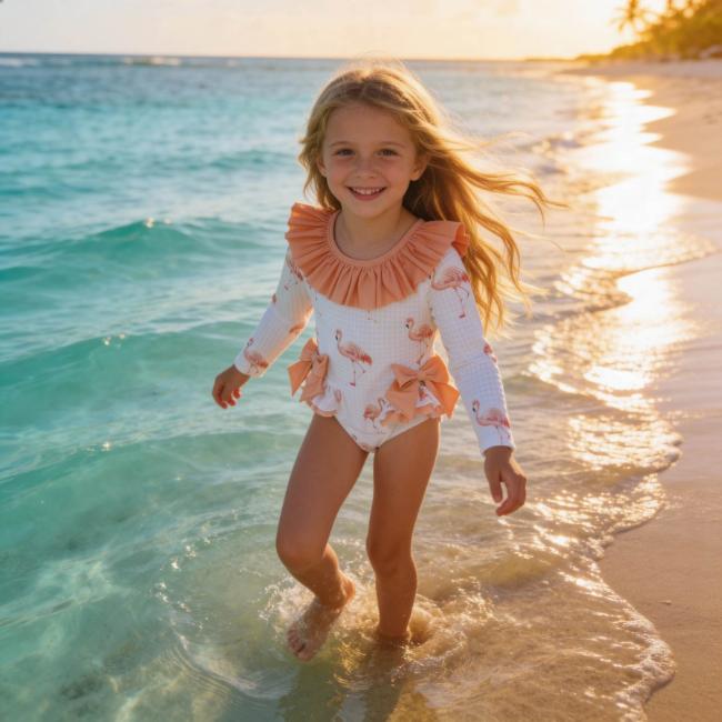 Picture of Meia Pata Girls Flamingos Jamaica Long Sleeve Swimsuit - White Flamingo