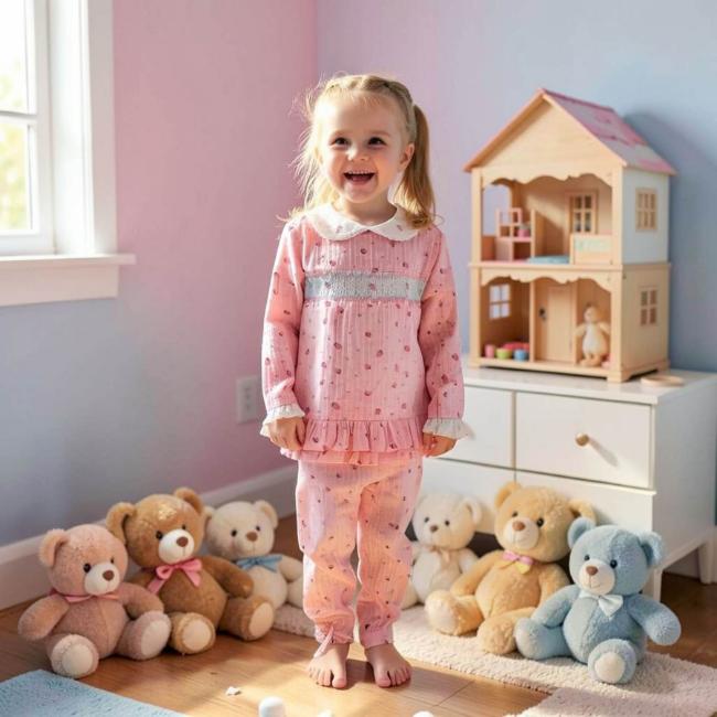 Picture of Beau KiD Girls Smocked Strawberry Pyjamas Set X 2 -  Ivory Pink