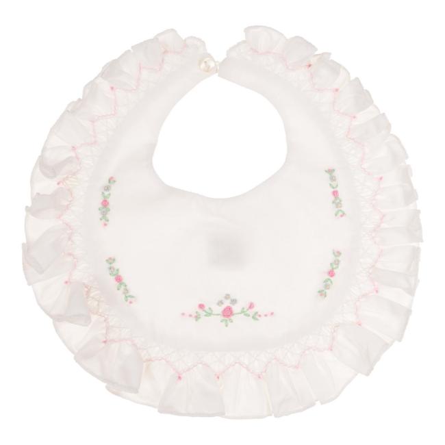 Picture of Sarah Louise Baby Girls Embroidered Smocked Ruffle Bib - White Pink