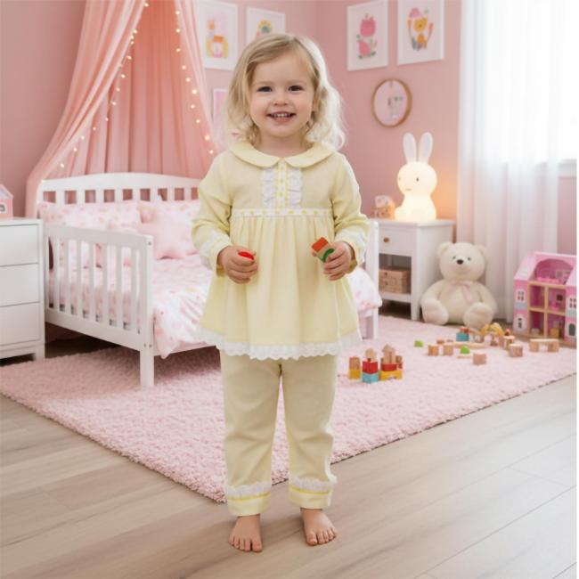 Picture of Beau KiD Girls Lace Trimmed Pyjamas Set X 2 - Lemon White