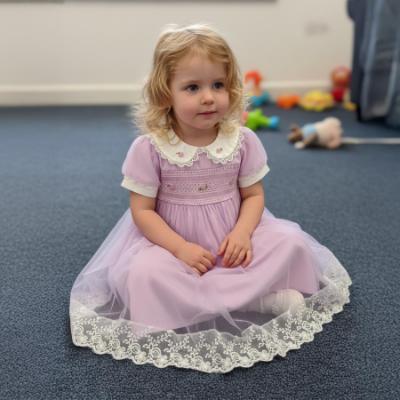 Picture of Beau KiD Girls Summer Smocked Bodice Puff Sleeve Tulle Overlay Dress - Lilac