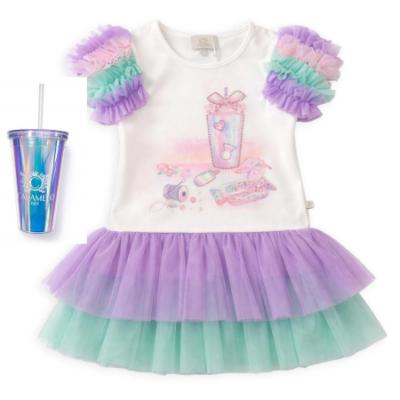 Picture of Caramelo Kids Girls Summer Crafty Tulle & Jersey Graphic Dress With Gift - Rainbow