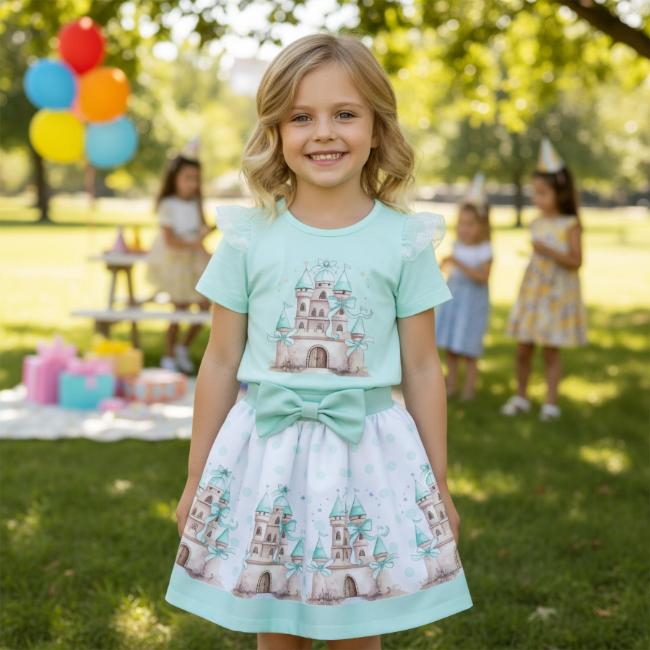 Picture of Giorgio Bambini Girls Diamante Castle Top Skirt & Hairband Set X 3 - Mint