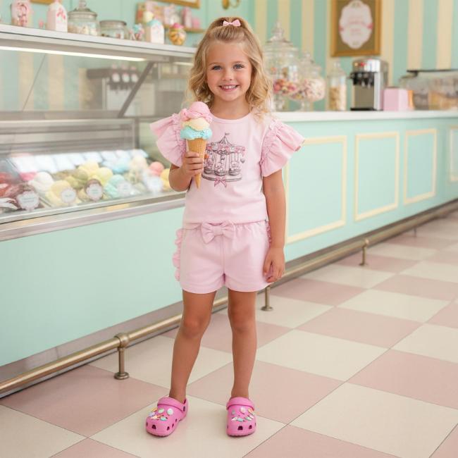 Picture of Giorgio Bambini Girls Teddy Carousel Top Ruffle Shorts & Hairband Set X 3 - Pink
