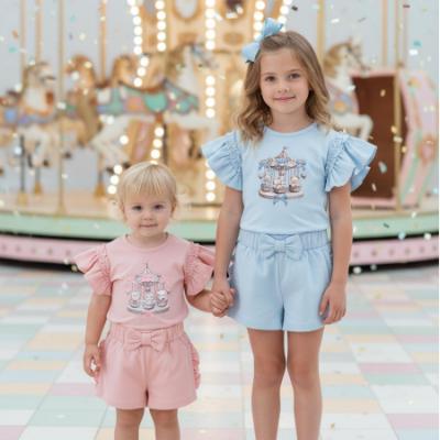 Picture of Giorgio Bambini Girls Teddy Carousel Top Ruffle Shorts & Hairband Set X 3 - Blue